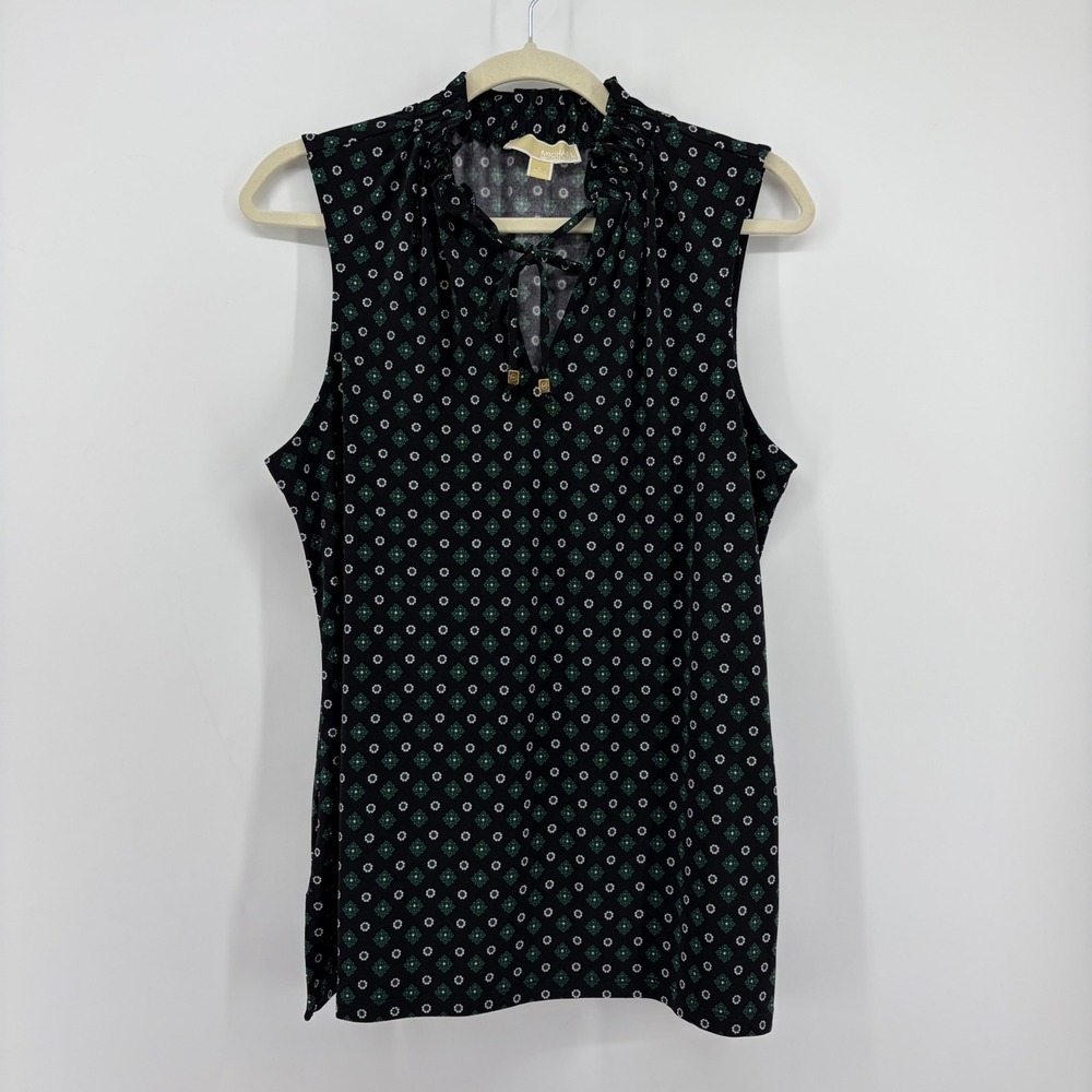 Michael Michael Kors L Black Green Geometric Medallion‎ Ruffle Tie Neck Blouse